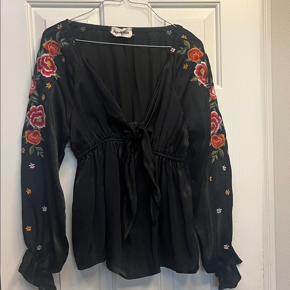 Savanna Jane Black Satin Tie Front Embroidered blouse S